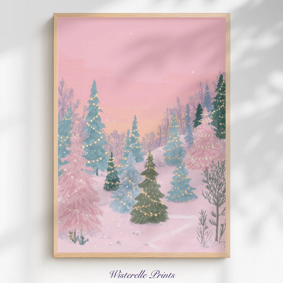 Pink Christmas Tree Farm Twinkling Lights Snowy Forest Poster