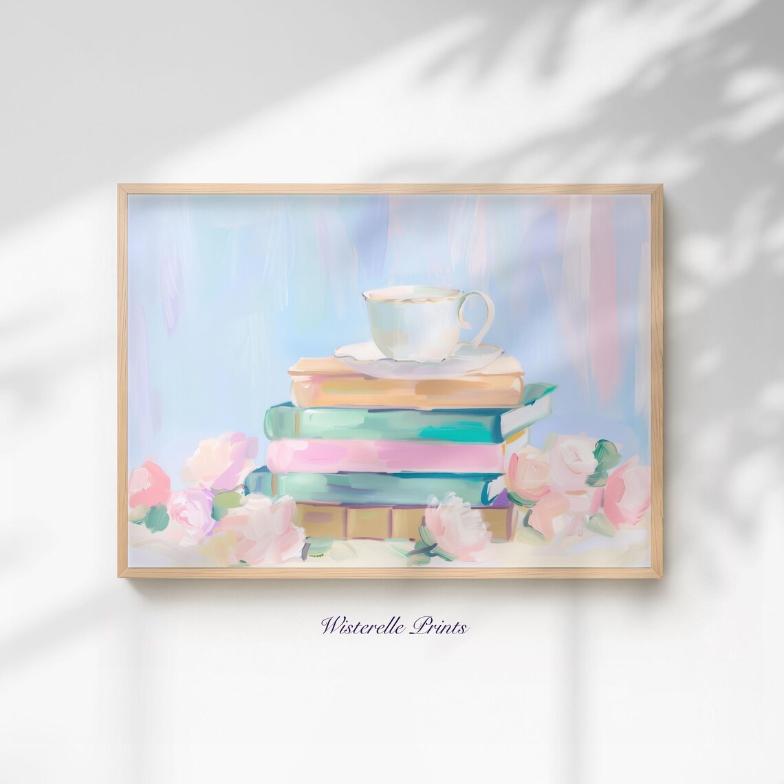 Stack of Pastel Books With Teacup and Pink Roses Still Life Wall Art