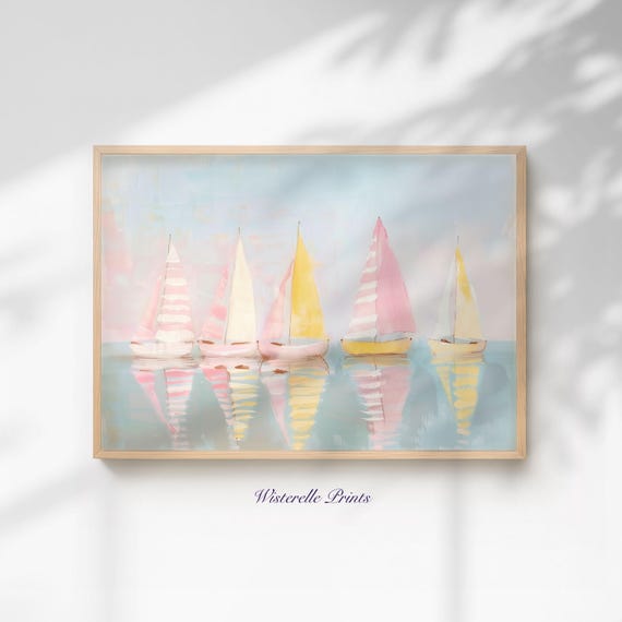 Pastel Sailboat Art Print, Summer Coastal Nautical