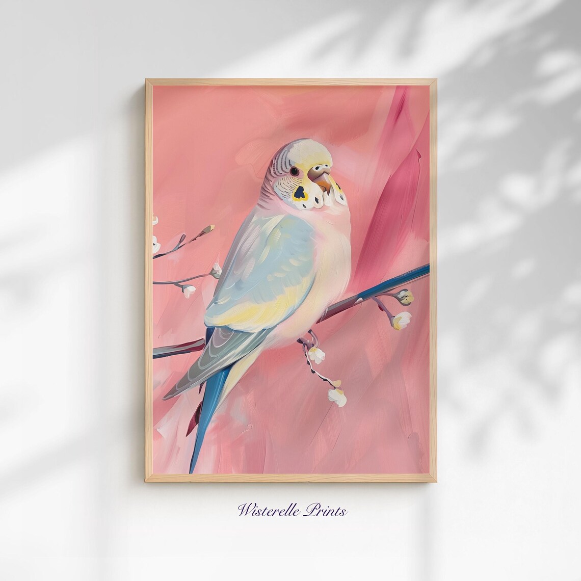 Pastel Budgie Parakeet Pink Blossom Branch Bird Painting Poster