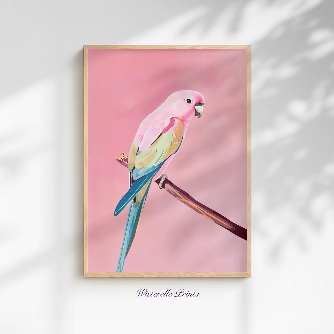Pink and Blue Parrot on Branch Pastel Bird Portrait Wall Art