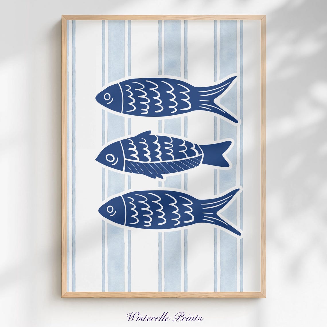 Navy Blue Sardine Trio Watercolor Striped Coastal Kitchen Poster