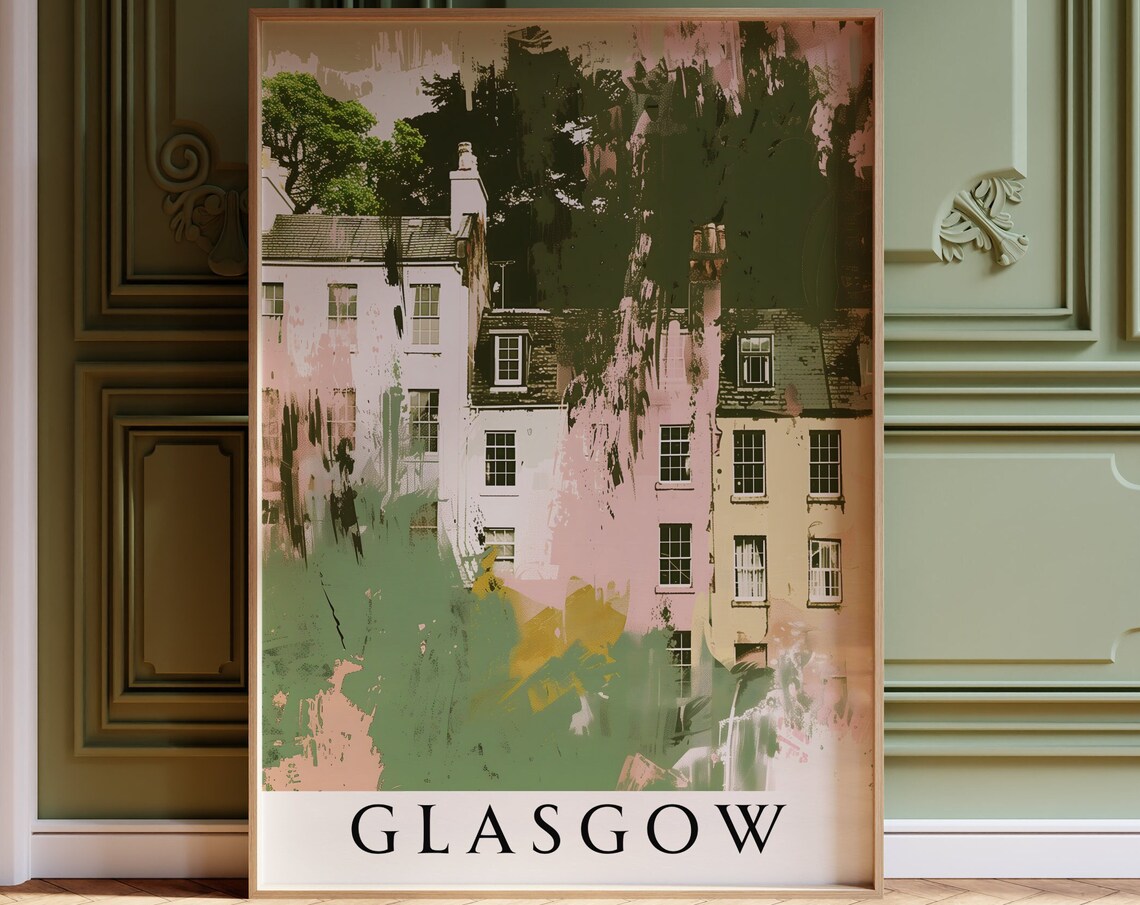 Glasgow Abstract Painted Tenement Buildings In Pink And Green Poster - Image 3