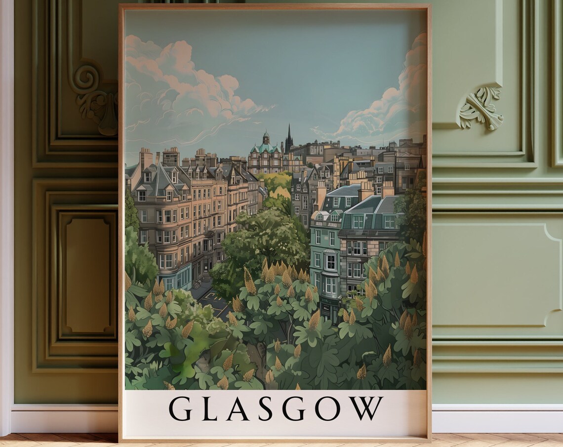 Glasgow City Rooftops Over Trees Illustrated Travel Art Poster - Image 4