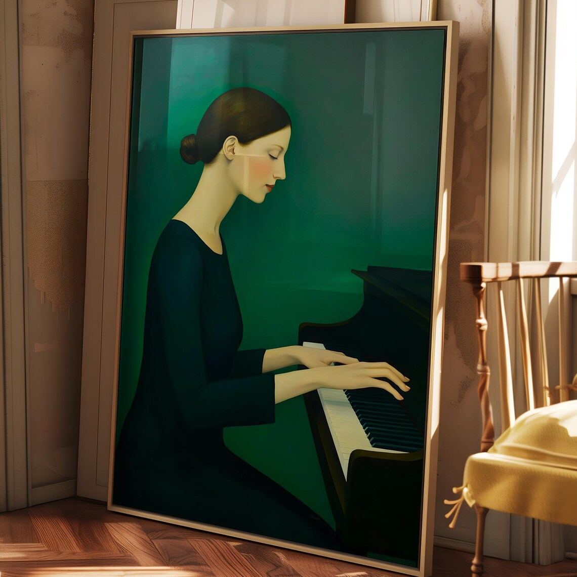 Elegant Woman Playing Grand Piano Against Emerald Green Art Print - Image 4