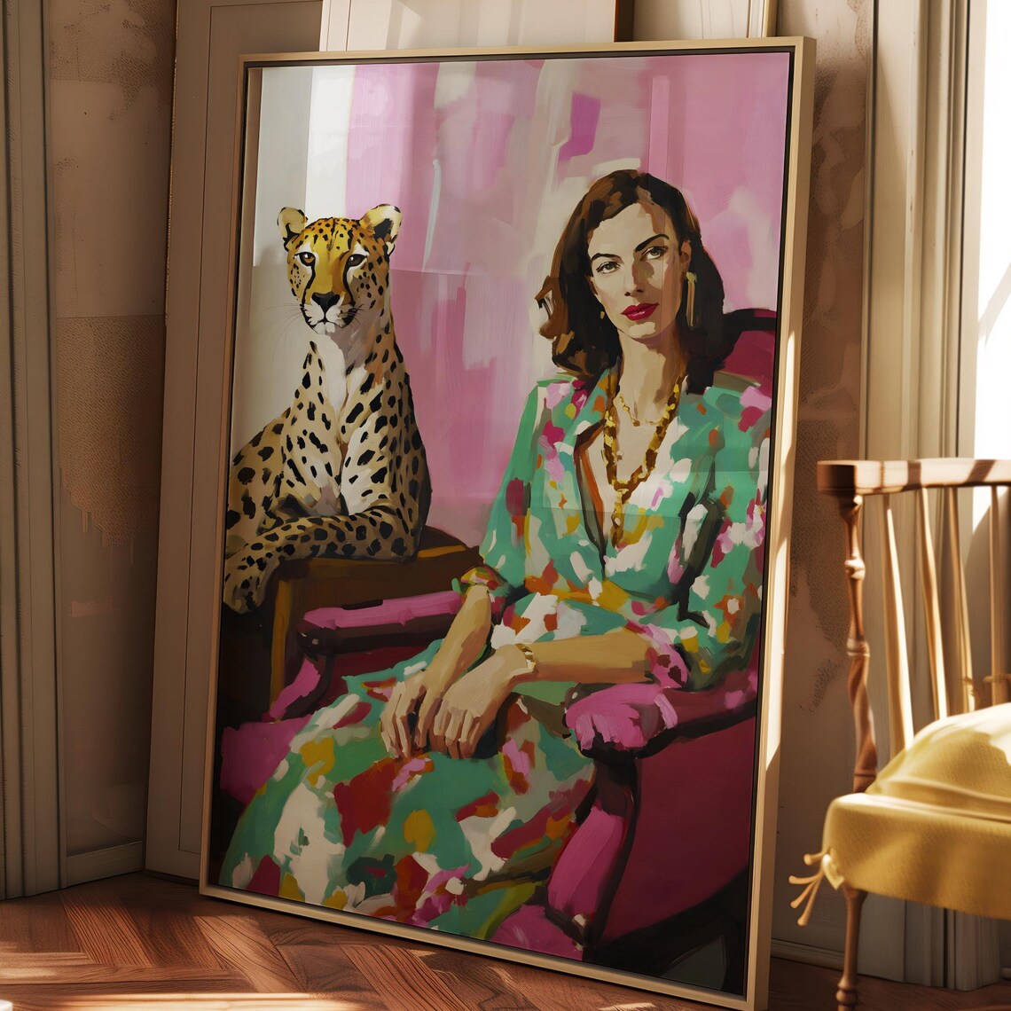 Elegant Woman With Cheetah Companion Maximalist Portrait Poster - Image 4