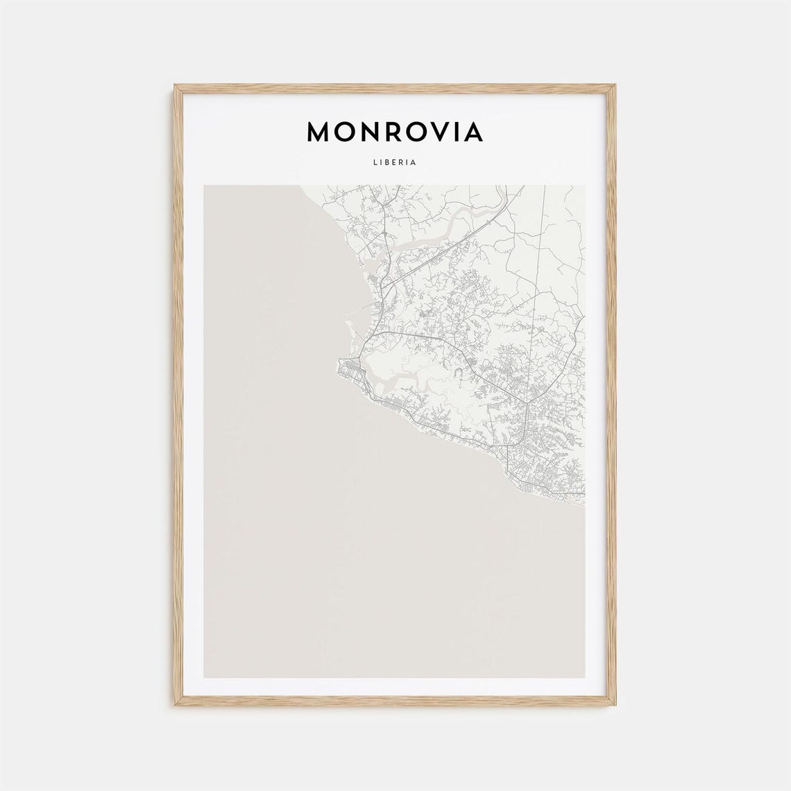 Monrovia Liberia Minimalist Light Gray Atlantic Coastal Map Poster