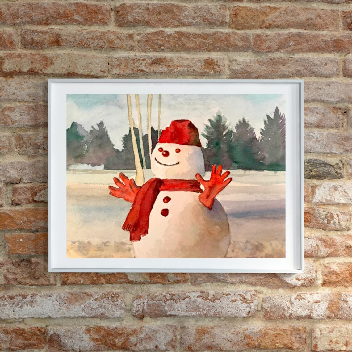 Cheerful Snowman Waving in Red Hat and Scarf Winter Scene Poster - Image 6