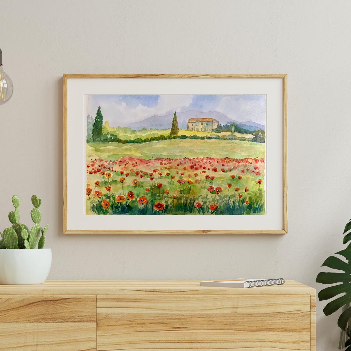 Poppies Field Original Watercolor Painting Floral Wall Art Poppy Meadow Landscape Flowery Countryside Art Impressionist Art 10x14 In - Image 4