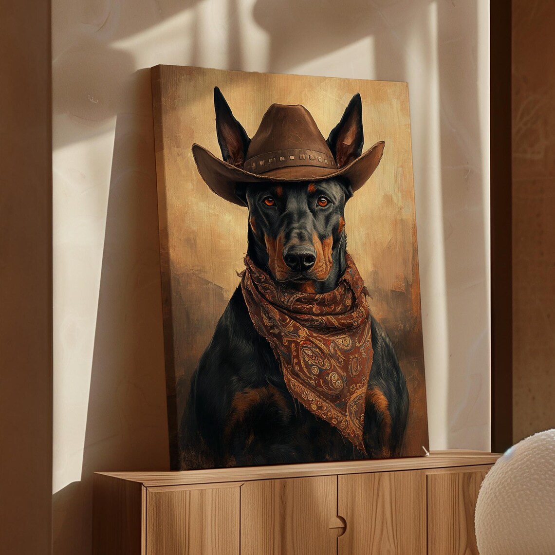 Sleek Doberman Cowboy Hat Bandana Western Dog Portrait Poster