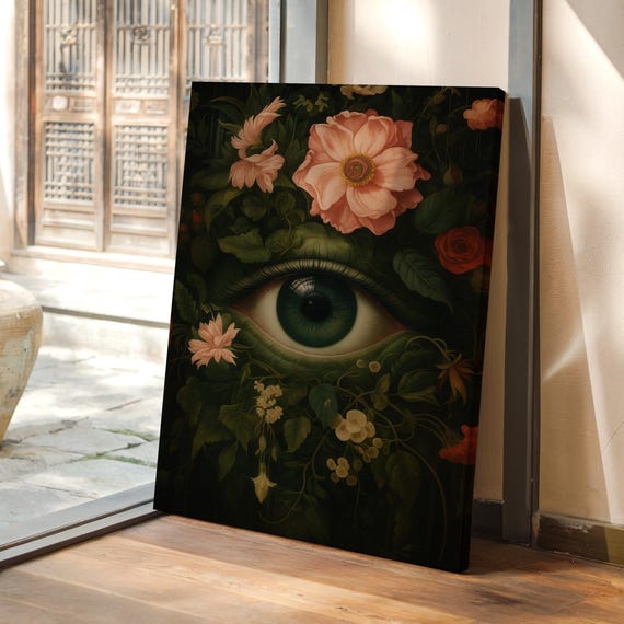 Surreal Botanical Eye Canvas Mystical Floral Wall Art With Green And Garden Flowers For Boho Or Gothic Decor