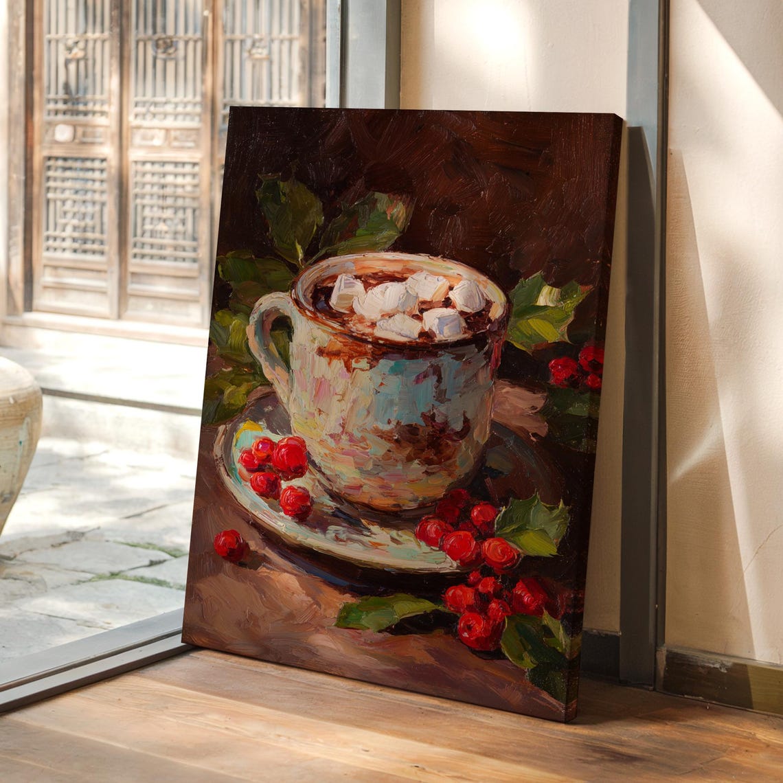 Cozy Hot Cocoa Mug Marshmallows Holly Berries Christmas Poster