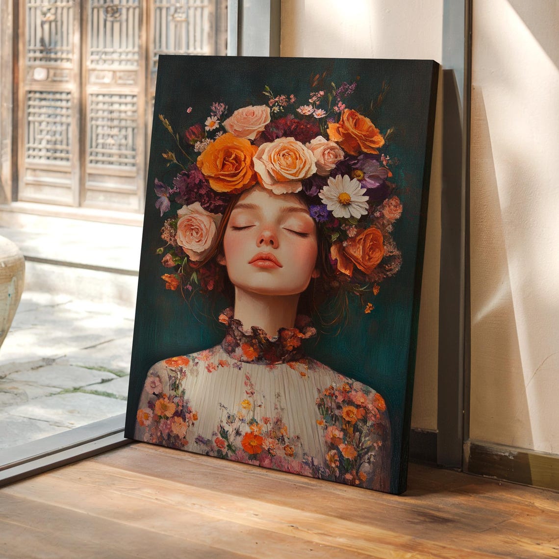 Floral Crown Portrait Canvas Wall Art Vintage Oil Painting Of Woman In Bloom Feminine Botanical For Bedroom Or Living Room