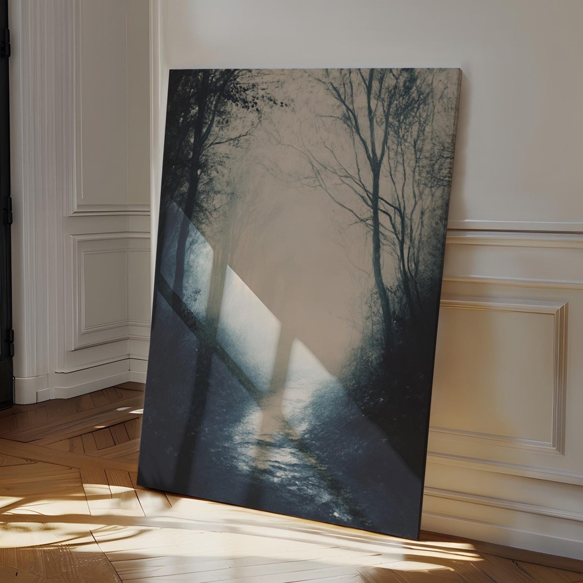 Mystical Foggy Forest Path Dark Moody Wall Art Enigmatic Nature Decor Atmospheric Landscape Print For Modern Interiors