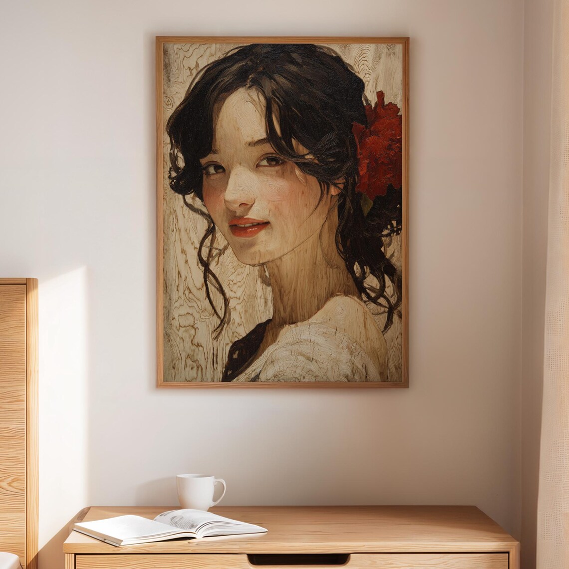 Woman With Red Flower in Hair Wood Texture Background Portrait Poster
