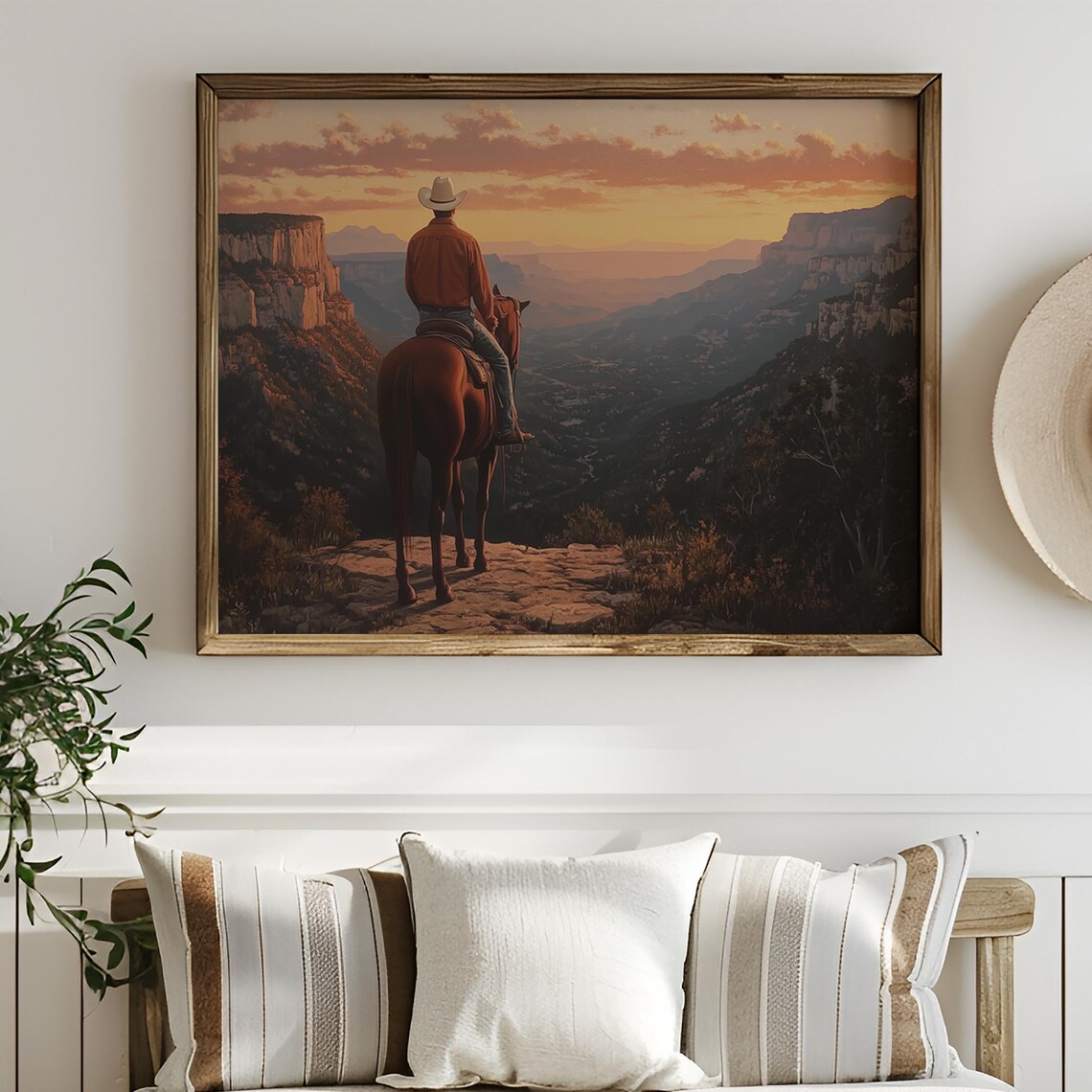 Cowboy on Horseback Sunset Canyon Overlook Western Art Poster