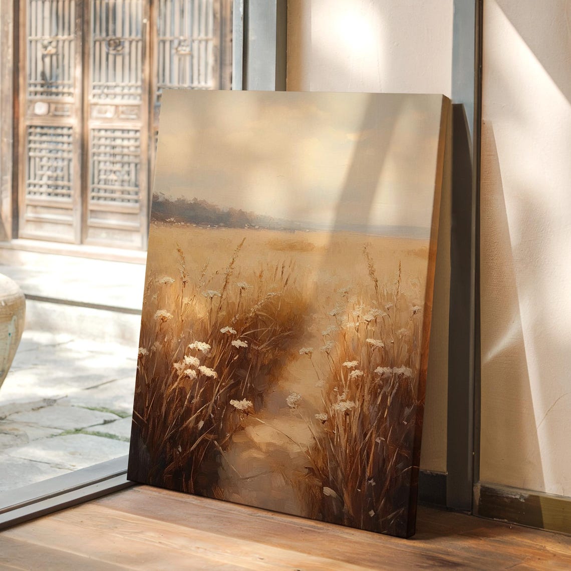 Golden Wheat Field Path Warm Neutral Landscape Painting Poster