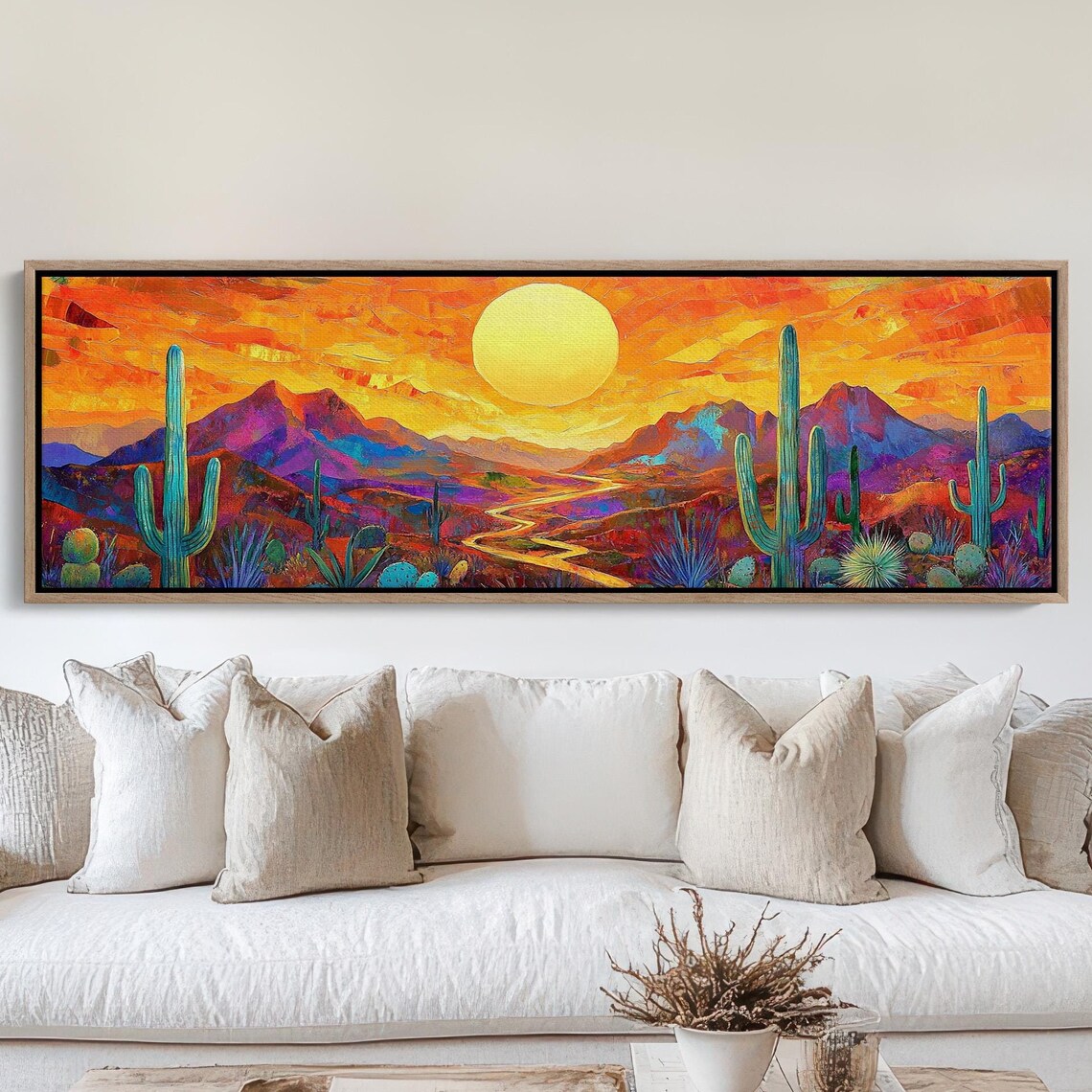 Vibrant Desert Sunset Saguaro Big Sun Cactus Landscape Poster