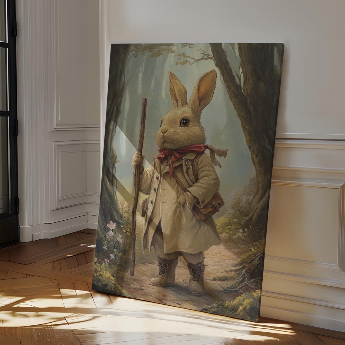 Adventurous Rabbit Traveler in Coat With Staff on Forest Path Poster