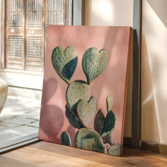 Heart Shaped Cactus Canvas Wall Art Desert Succulent Print With Pink Background Boho Botanical Poster For Southwestern Home Decor