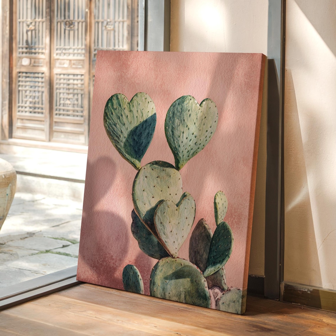 Heart Shaped Cactus Pads Pink Background Romantic Botanical Art Poster