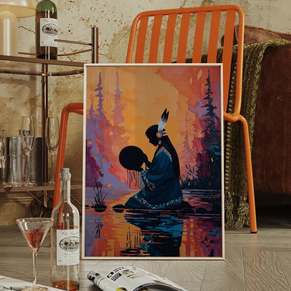 Native Woman Drumming By Sunset Spiritual Wall Art