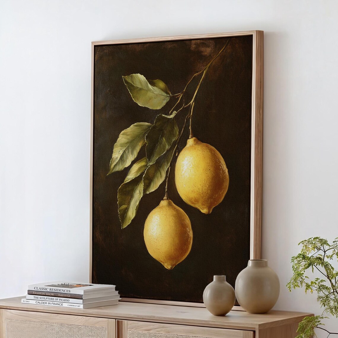Two Hanging Lemons Branch Dark Vintage Botanical Still Life Poster