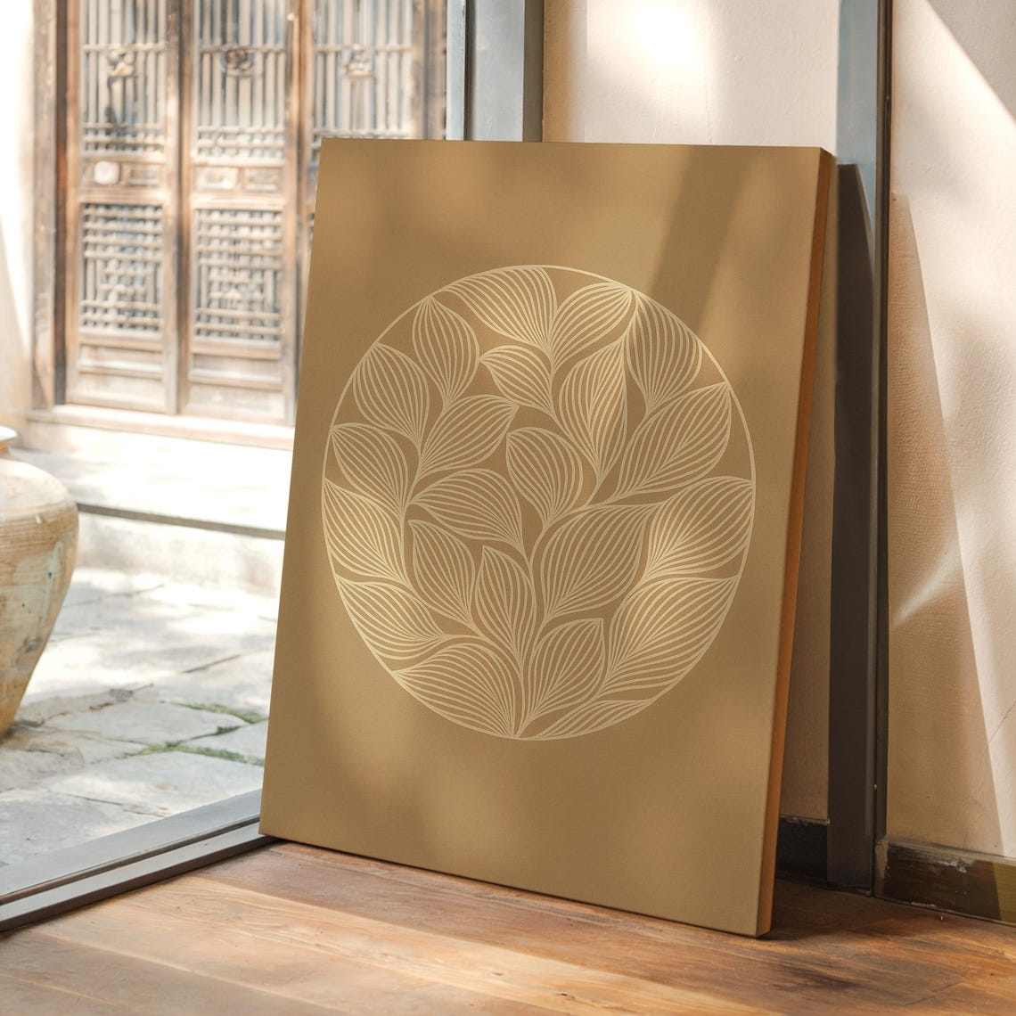 Minimalist Line Leaf Circle Neutral Botanical Beige Tan Wall Poster