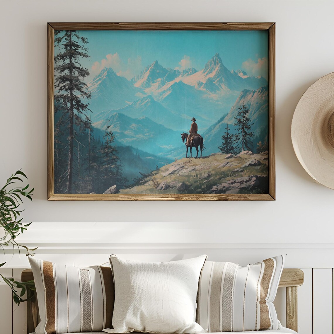 Cowboy On Horse Overlooking Majestic Blue Mountain Peaks Poster