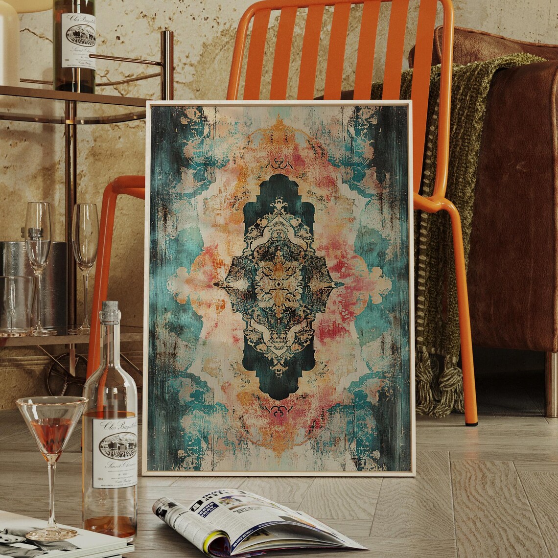 Boho Vintage Distressed Ornate Mandala In Teal Coral And Gold Artistic Decor Poster
