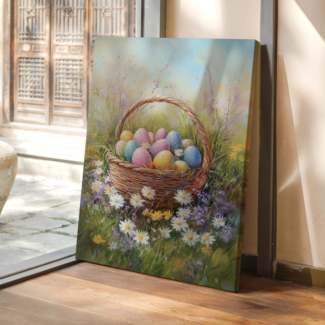 Pastel Easter Eggs In Wildflower Basket, Spring Meadow Painting