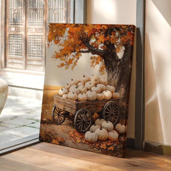 White Pumpkin Harvest Wagon By Fiery Autumn Tree Fall Poster