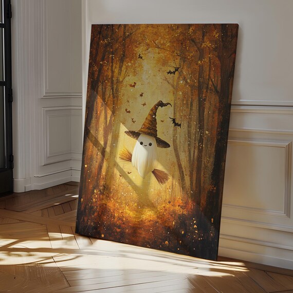 Cute Halloween Ghost Witch Hat Broom Autumn Forest Wall Art Print
