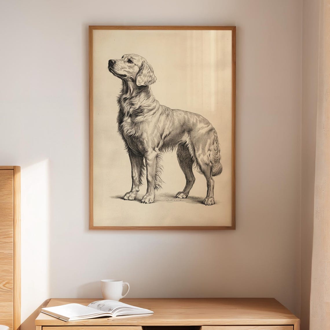 Golden Retriever Standing Portrait Vintage Black Ink Sketch Poster