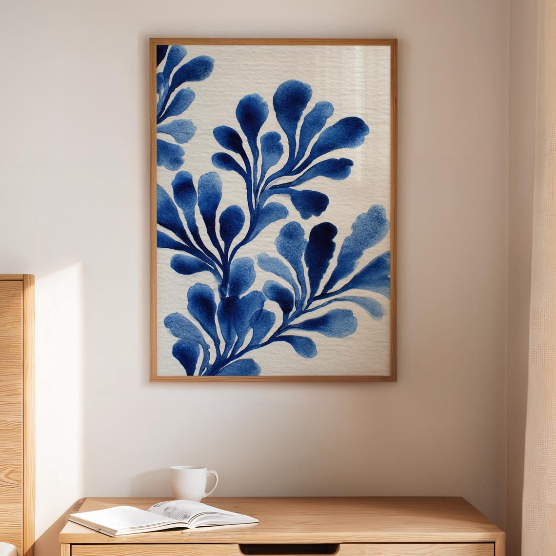 Abstract Blue Seaweed Watercolor Coastal Botanical Statement Poster