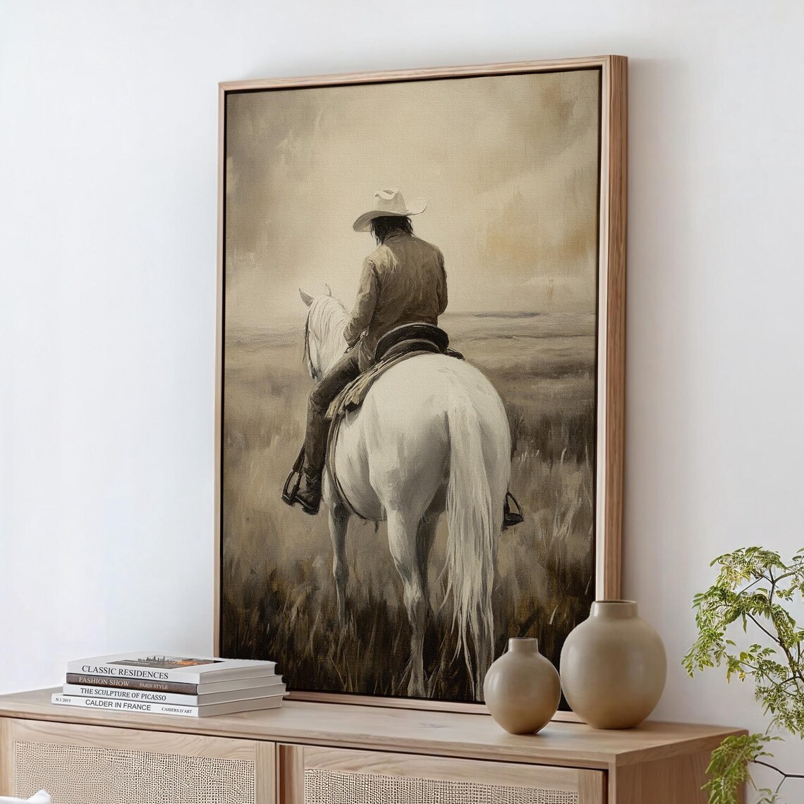 Cowboy Riding White Horse Sepia Tone Western Landscape Poster