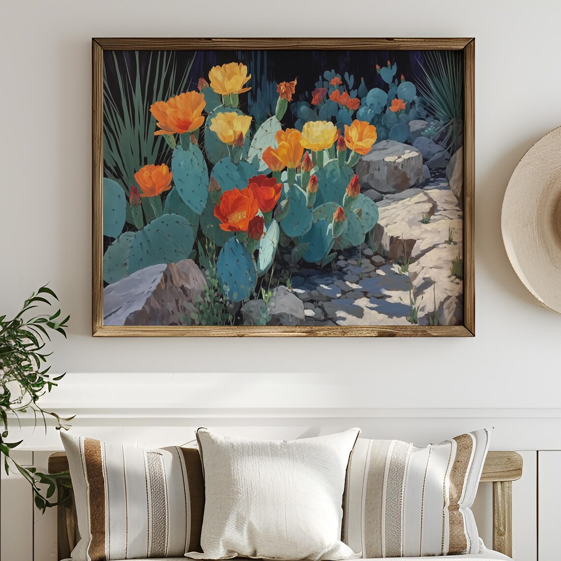 Blooming Desert Cactus Orange Flowers Rocky Garden Art Poster