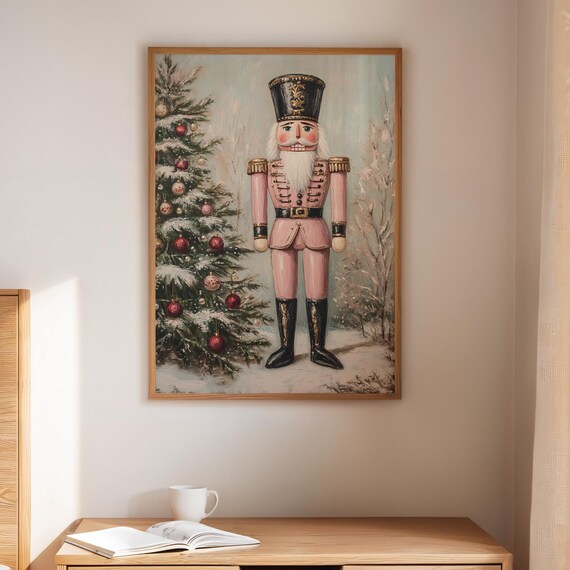 Pink Nutcracker Soldier With Snowy Christmas Tree Holiday Poster