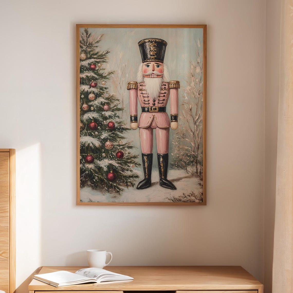 Pink Nutcracker Soldier With Snowy Christmas Tree Holiday Poster