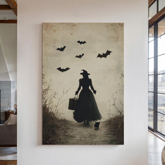 Vintage Witch Silhouette With Suitcase Black Cat Bats Halloween Poster