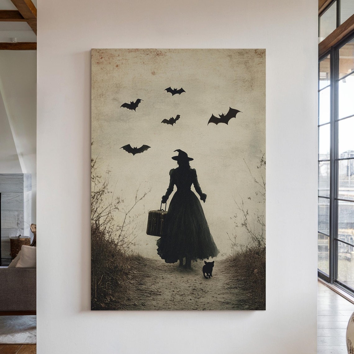 Vintage Witch Silhouette With Suitcase Black Cat Bats Halloween Poster