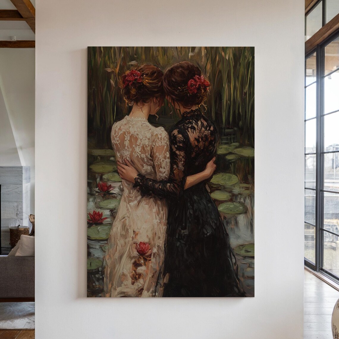 Two Women Embracing at a Lily Pond Romantic Vintage Oil Painting Print