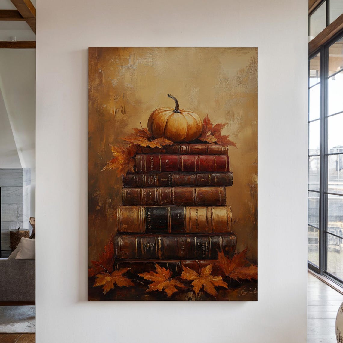 Pumpkin On Vintage Book Stack Autumn Leaves Dark Academia Poster