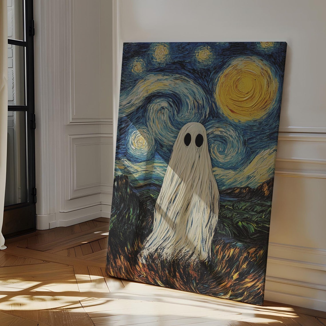 Whimsical Ghost Starry Night Art Spooky Van Gogh Inspired Wall Decor Halloween Ghost Painting For Unique Spaces