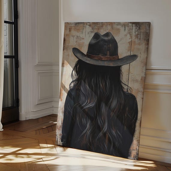 Mysterious Cowgirl Art Western Rustic Wall Decor Vintage Black Hat And Long Hair Poster