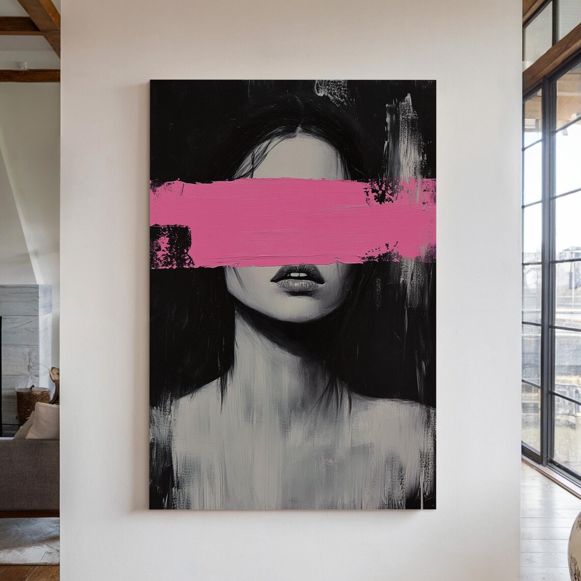 Abstract Woman Portrait Pink Brushstroke Bold Black White Poster