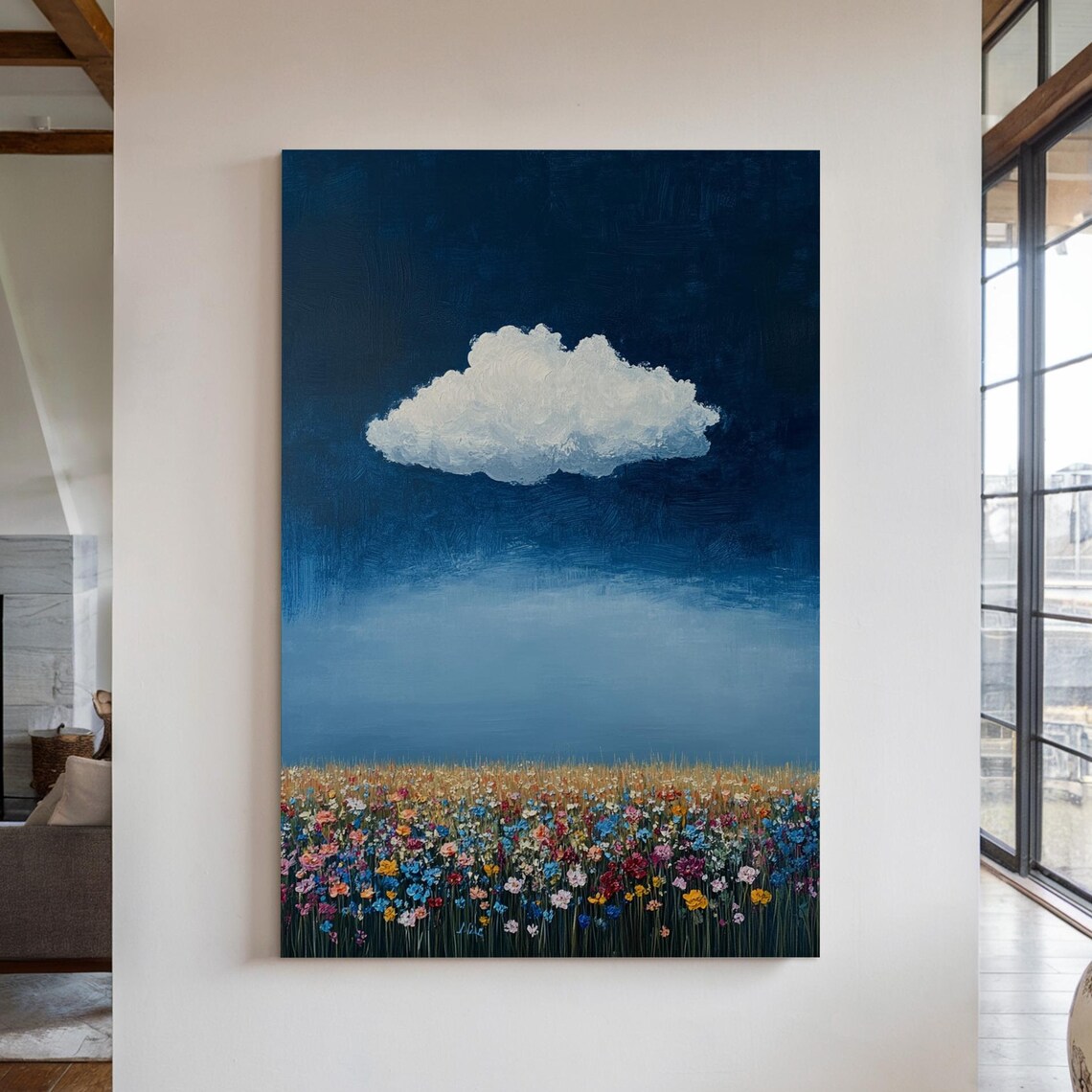 Lone White Cloud Over Wildflower Field Deep Blue Night Art Poster