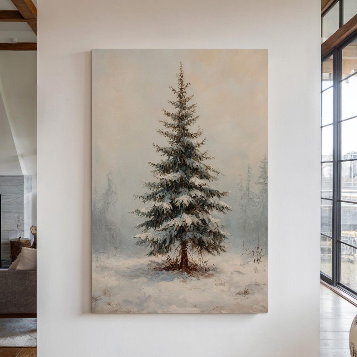 Snow Covered Evergreen Pine Tree Misty Winter Landscape Poster