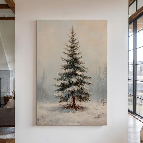 Snowy Pine Tree Canvas Wall Art Peaceful Winter Forest Scene Rustic Nature Print Cozy Holiday Cabin Decor