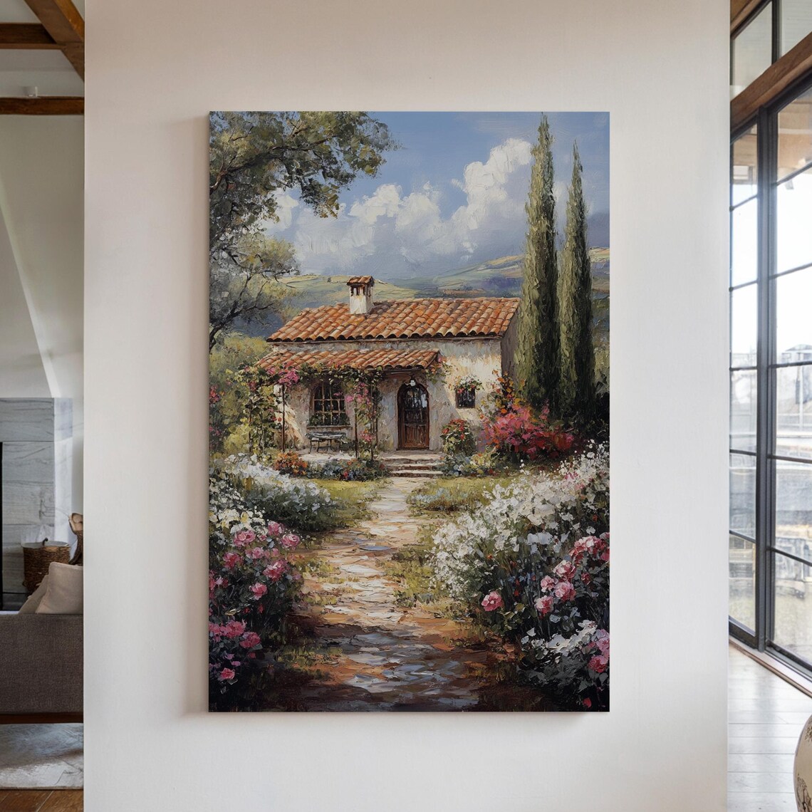 Tuscan Cottage With Terracotta Roof Cypress Trees Flower Garden Poster
